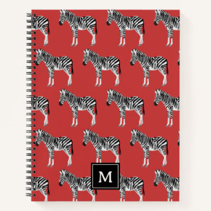 Zebra Exotic Animal Pattern Deep Red Monogram Notebook