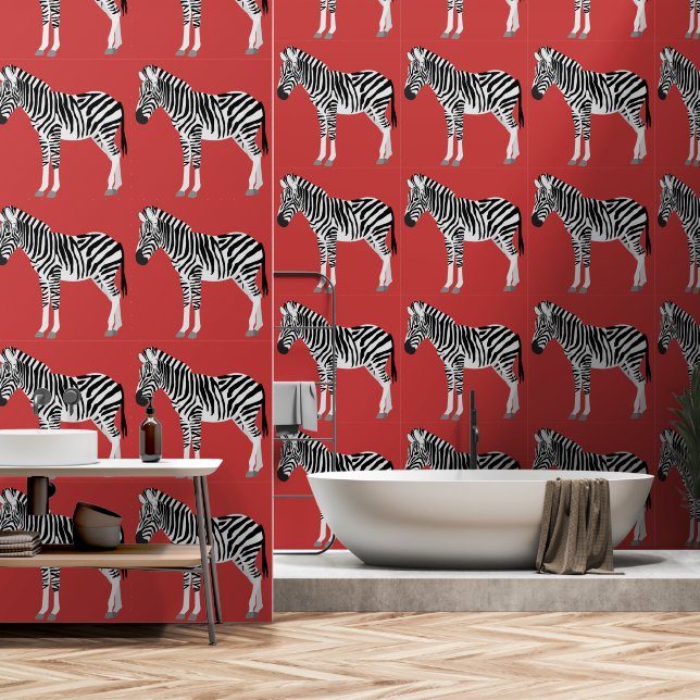 Zebra Exotic Animal Pattern Deep Red Wallpaper (Bathroom)