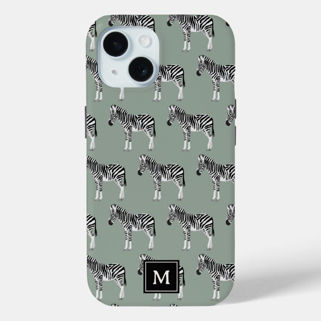 Zebra Exotic Animal Pattern Sage Green Monogram Case-Mate iPhone Case (Back)