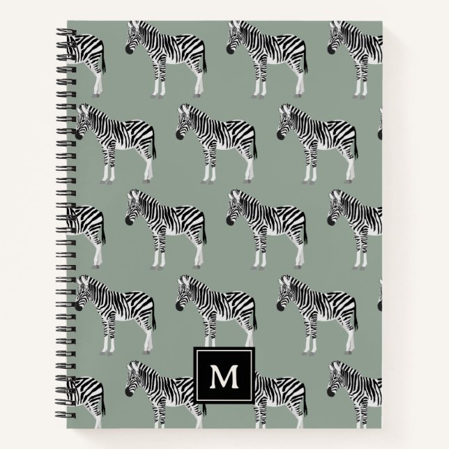 Zebra Exotic Animal Pattern Sage Green Monogram Notebook (Front)