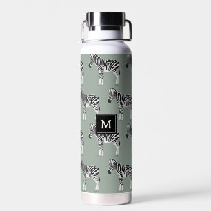 Zebra Exotic Animal Pattern Sage Green Monogram Water Bottle