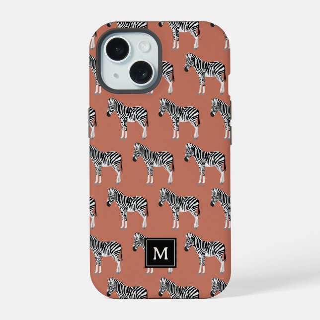 Zebra Exotic Animal Pattern Terracotta Monogram iPhone 15 Case (Back)