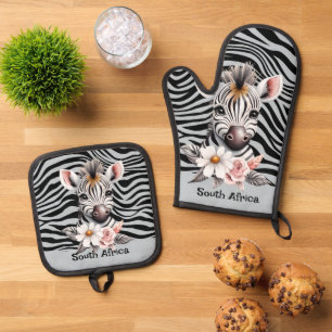 Zebra face boho floral safari jungle animals oven mitt & pot holder set