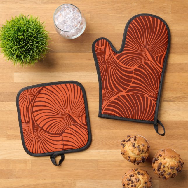 Zebra Fan Palm Hawaiian Tropical Burnt Orange Oven Mitt & Pot Holder Set (Top Down)