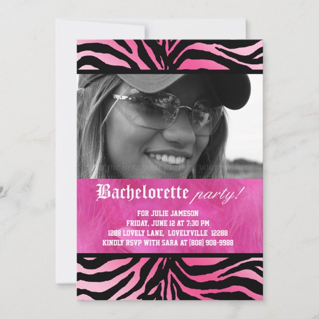 Zebra Feather Bachelorette Party Pink Invitation (Front)