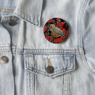 Zebra finch and red rose bush 6 cm round badge