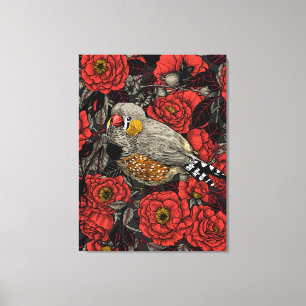 Zebra finch and red rose bush canvas print