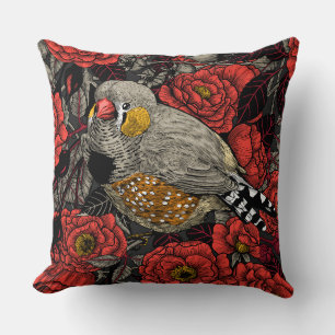 Zebra finch and red rose bush cushion