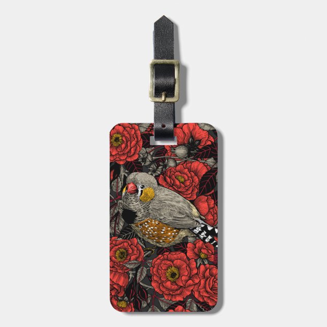 Zebra finch and red rose bush luggage tag (Front Vertical)