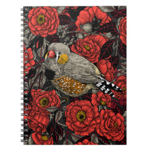 Zebra finch and red rose bush notebook