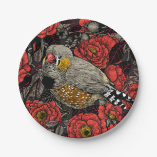 Zebra finch and red rose bush paper plate