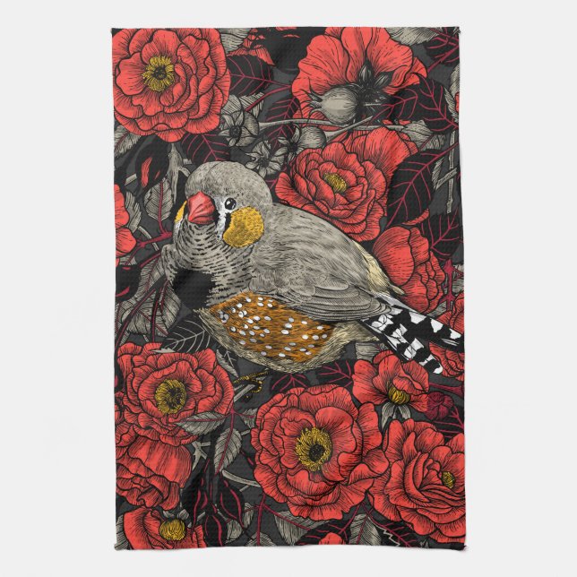 Zebra finch and red rose bush tea towel (Vertical)
