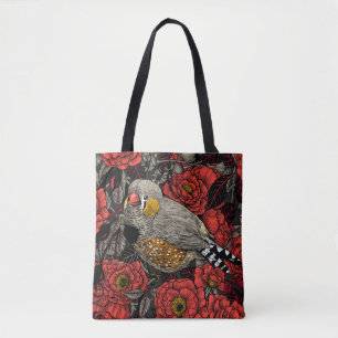 Zebra finch and red rose bush tote bag