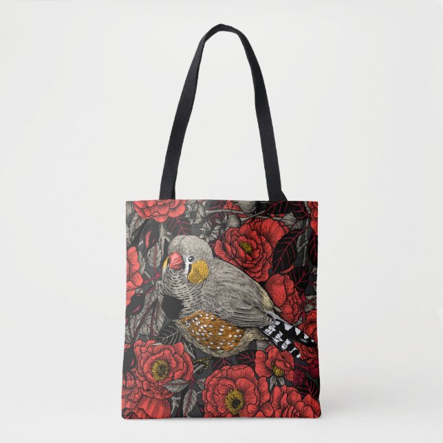 Zebra finch and red rose bush tote bag (Front)