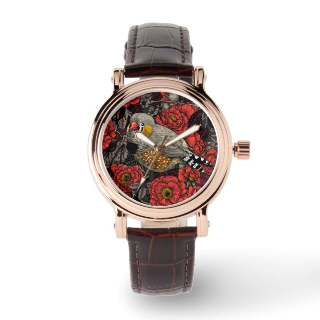 Zebra finch and red rose bush watch (Front)