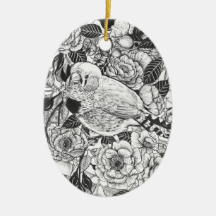 Zebra finch and rose bush ink drawing ceramic tree decoration
