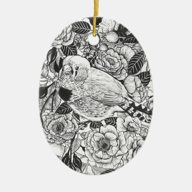 Zebra finch and rose bush ink drawing ceramic tree decoration (Front)