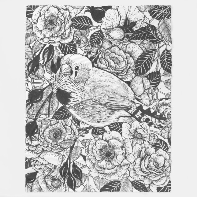 Zebra finch and rose bush ink drawing fleece blanket (Front)