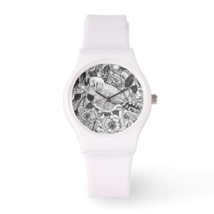 Zebra finch and rose bush ink drawing watch