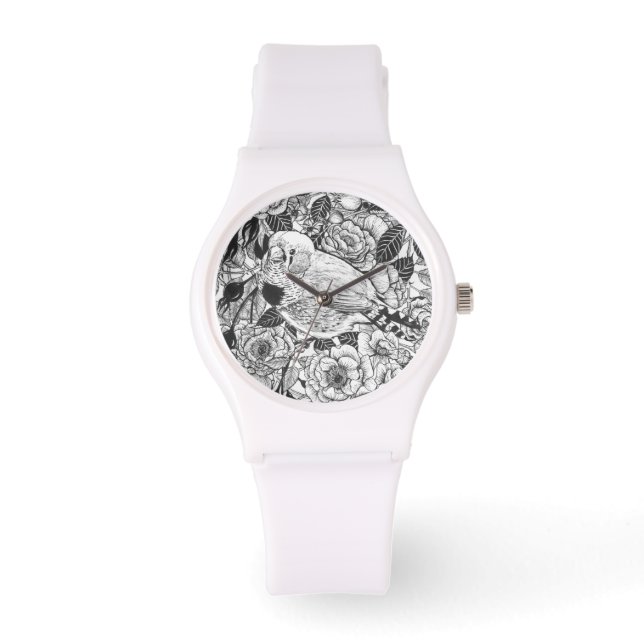 Zebra finch and rose bush ink drawing watch (Front)