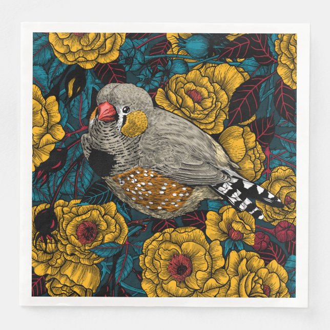 Zebra finch and rose bush napkin (Front)