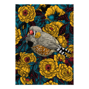 Zebra finch and rose bush photo print