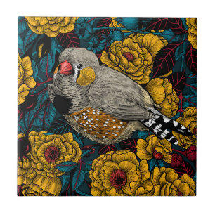 Zebra finch and rose bush tile