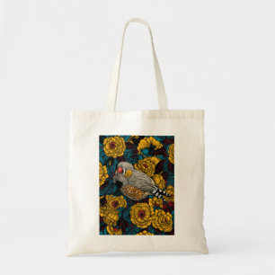 Zebra finch and rose bush tote bag