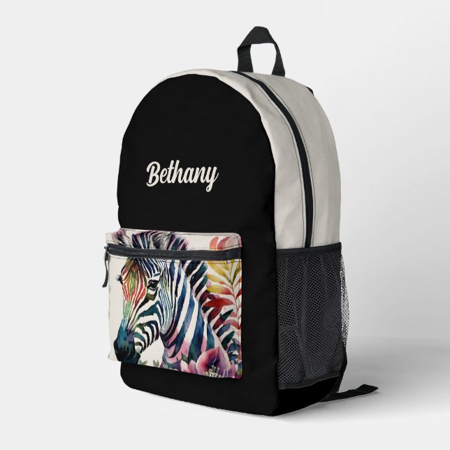 Zebra Floral Watercolor Art Black Beige Printed Backpack (Back Corner Right)