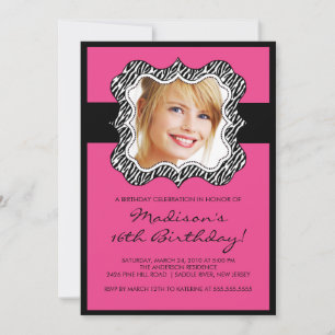 Zebra Frame Photo Sweet Sixteen Birthday Inviation Invitation