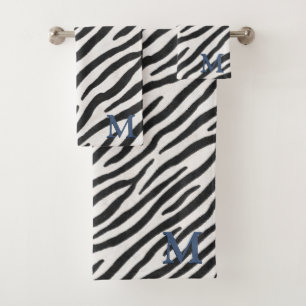 Zebra Fur Realistic Animal Print Blue Monogram Bath Towel Set