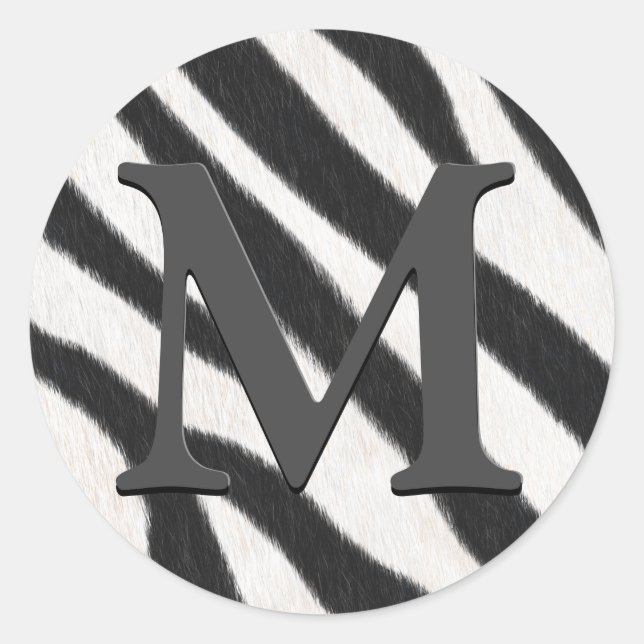 Zebra Fur Realistic Animal Print Grey Monogrammed Classic Round Sticker (Front)