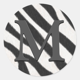 Zebra Fur Realistic Animal Print Grey Monogrammed Classic Round Sticker