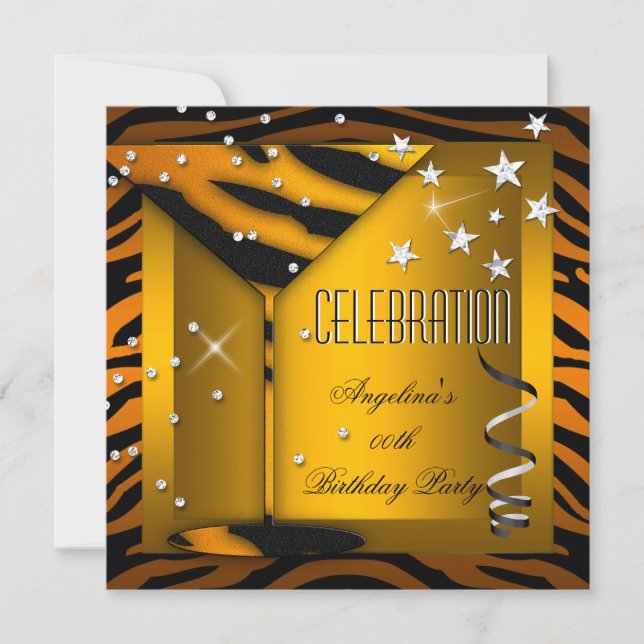 Zebra Glass Orange Gold Celebration Birthday Party Invitation (Front)