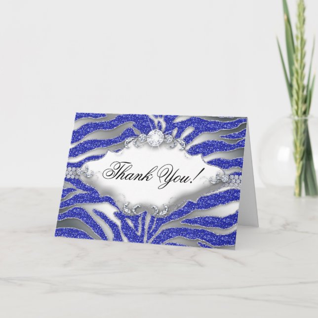 Zebra Glitter Thank You Sparkle Silver Blue Card (Front)