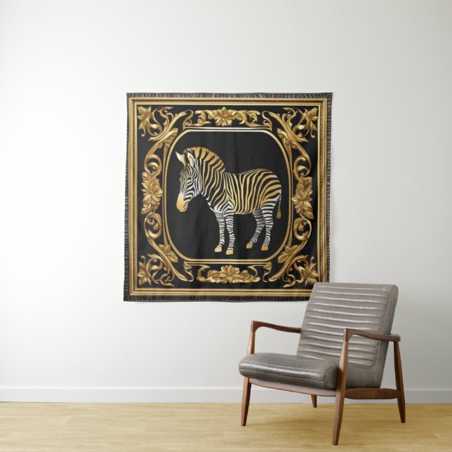 Zebra gold and black ornamental frame tapestry (In Situ)