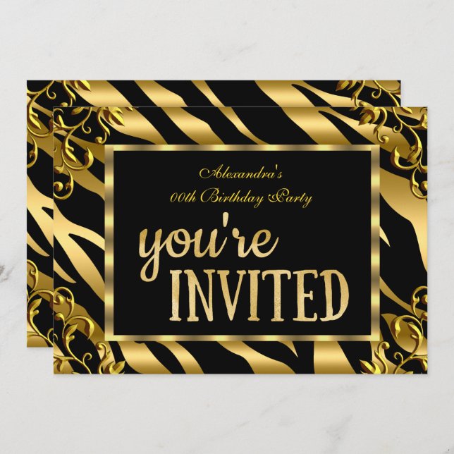 Zebra Gold Foil Black Elegant Birthday Party Invitation (Front/Back)