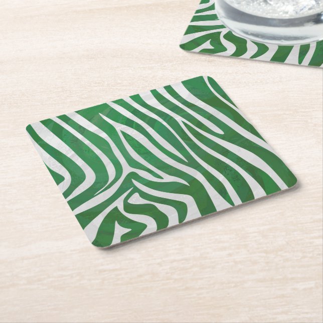 Zebra Green and White Print Square Paper Coaster (Angled)
