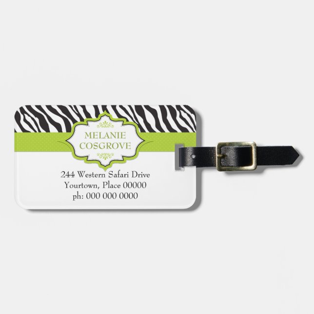 Zebra Green Ribbon Luggage Tag (Front Horizontal)