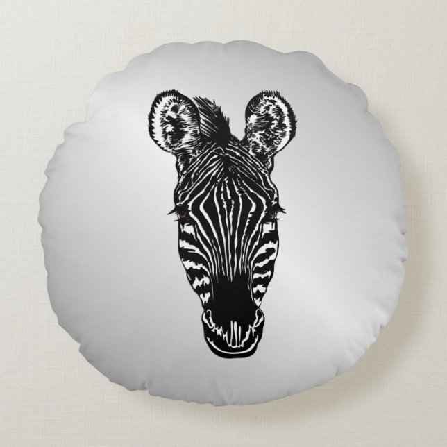 Zebra Head on Silver Round Cushion (Front)