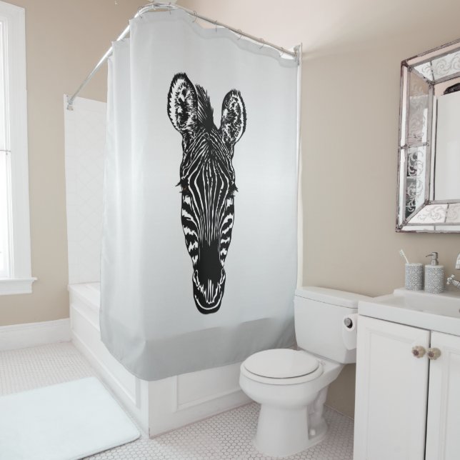 Zebra Head on Silver Shower Curtain (In Situ)