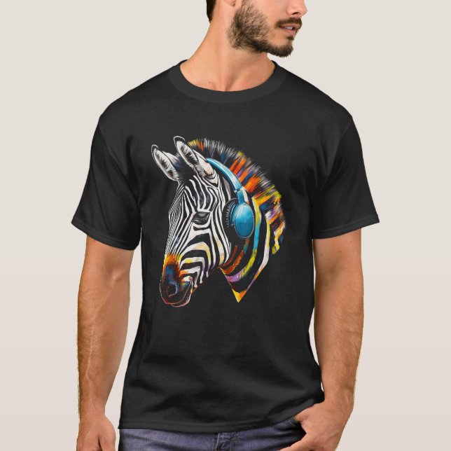 Zebra Headphones Artwork Music Animal Motif Zebra  T-Shirt (Front)