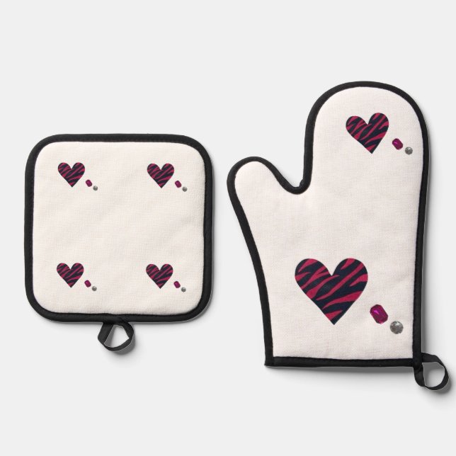 Zebra-heart Oven Mitt & Pot Holder Set (Front)