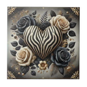 Zebra Heart & Rose Glam Ceramic Tile