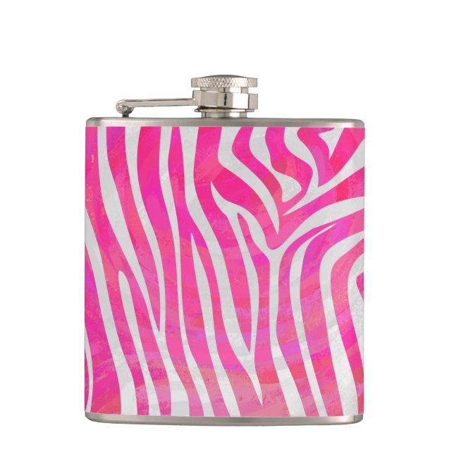 Zebra Hot Pink and White Print Hip Flask (Front)
