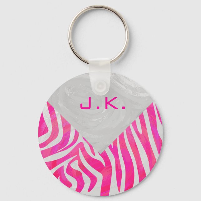 Zebra Hot Pink and White with Monogram Key Ring (Front)