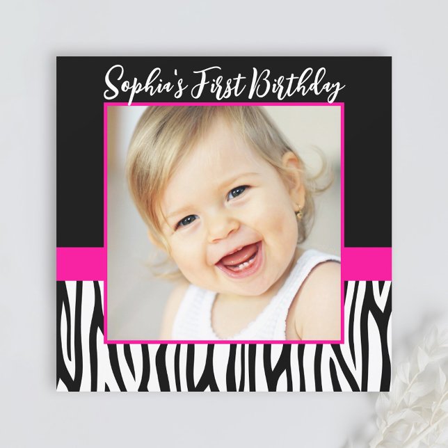 Zebra Hot Pink Girls Photo 1st Birthday Party Invitation (Creator Uploaded)