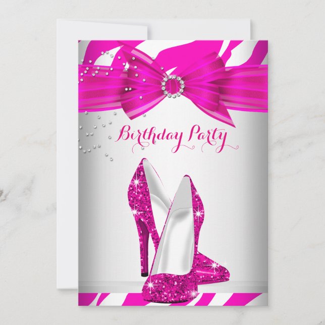 Zebra Hot Pink High Heel Shoe Birthday Party Invitation (Front)