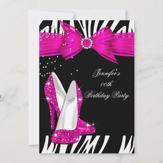 Zebra Hot Pink High Heel Shoe Black Birthday 3 Invitation (Front)