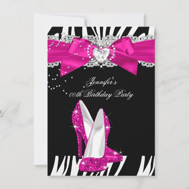 Zebra Hot Pink High Heel Shoe Black Birthday 4 Invitation (Front)